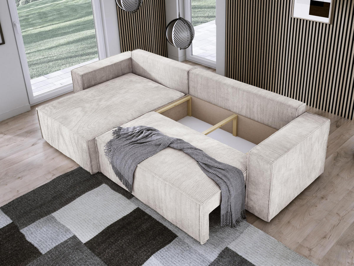 ECKSOFA POSO XL UNIVERSAL, Schlaffunktion und Lattenrost - L-Form, Cord, Federung auf Wellfedern, 274x143x83 cm, Links Light rose - Hellrosa, Holz/Textil (277/143cm) - DomoHome
