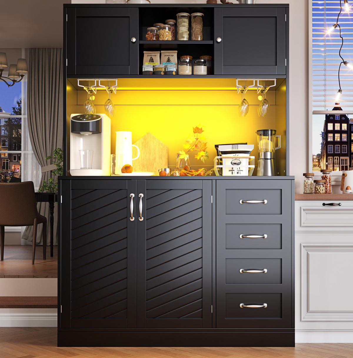 BUFFETSCHRANK 120/40/188 cm mit LED-Beleuchtung, Getränkhaltern, 4 Türen und 2 Schubladen, MDF, Schwarz - Schwarz, Holzwerkstoff (120/188/40cm) - Redom