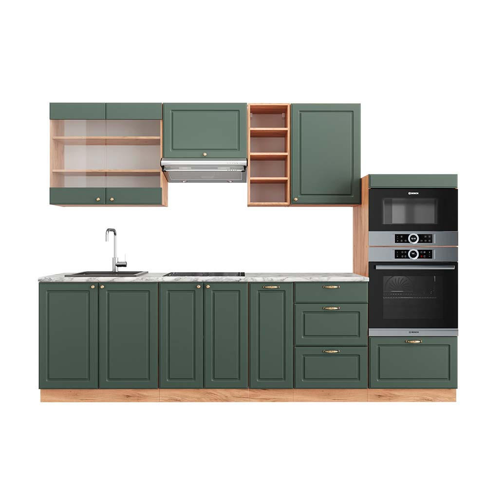 KÜCHENZEILE Fame-Line Grün-Gold Landhaus/Goldkraft Eiche 280 cm AP Marmor - Eiche Wotan/Grün, Holzwerkstoff (280/81.6/60cm) - Vicco
