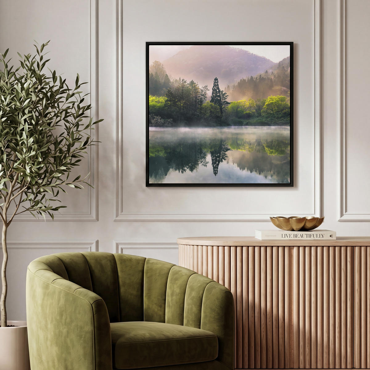 LEINWAND Bilder mit Rahmen - Natur - Bäume - Berge - See - Wasser - 50x50 - Hellgrün, Textil (50/50cm) - MuchoWow
