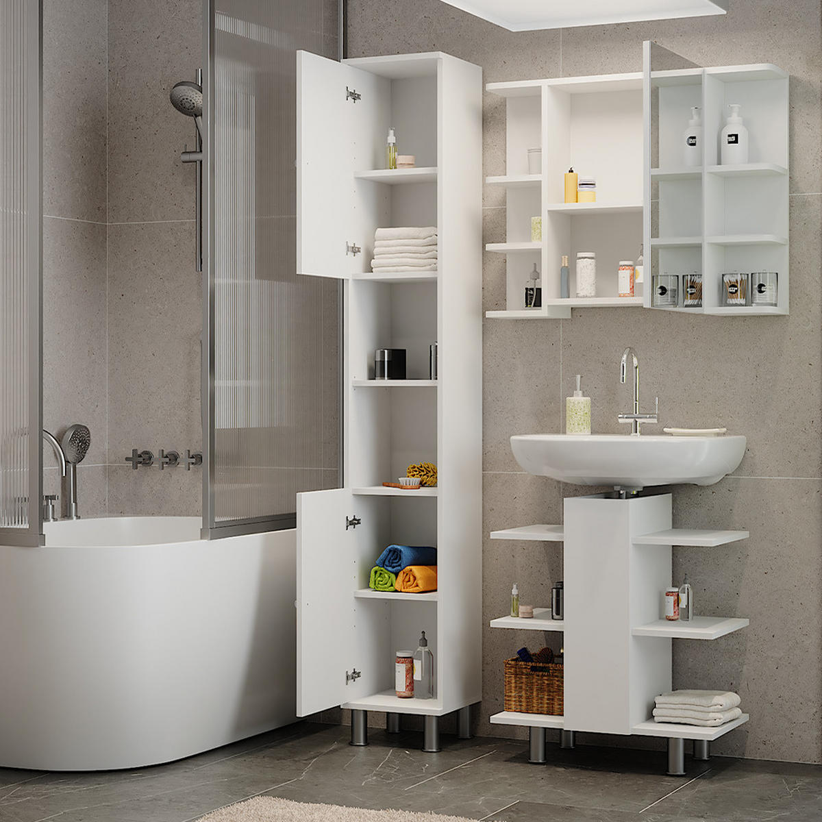 BADMÖBEL-SET Fynn Weiß 3 Teile, mit Hochschrank - Weiß, Holzwerkstoff (79.6/190/36.6cm) - Vicco