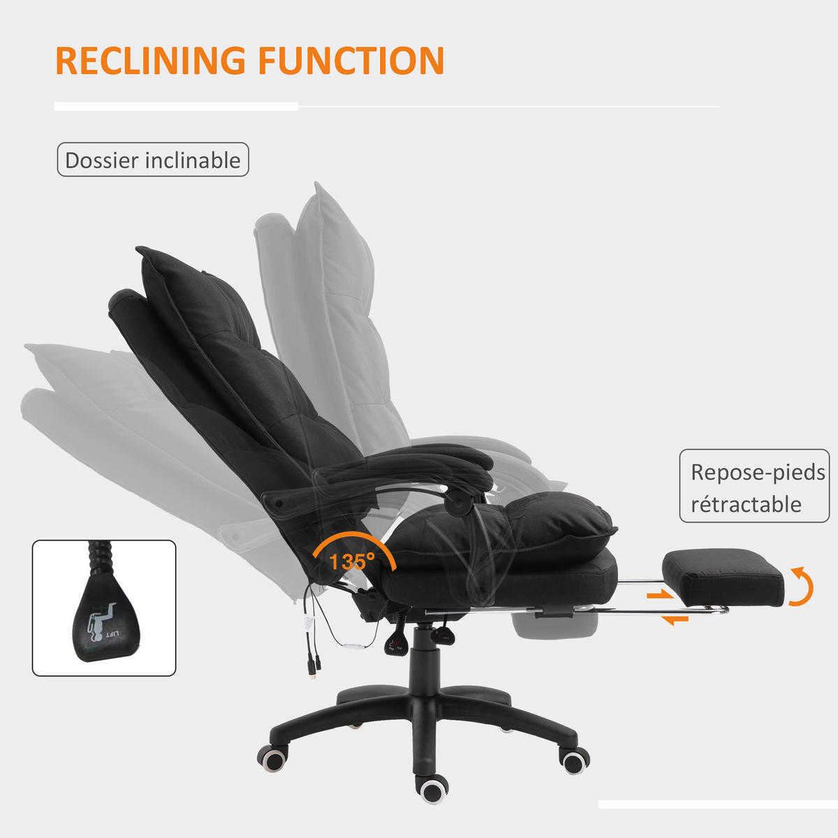 CHEFSESSEL DE-11655 ergonomisch mit Massagefunktion & Fußstütze Schwarz - Schwarz, Textil (62/130/70cm) - ComfortXL