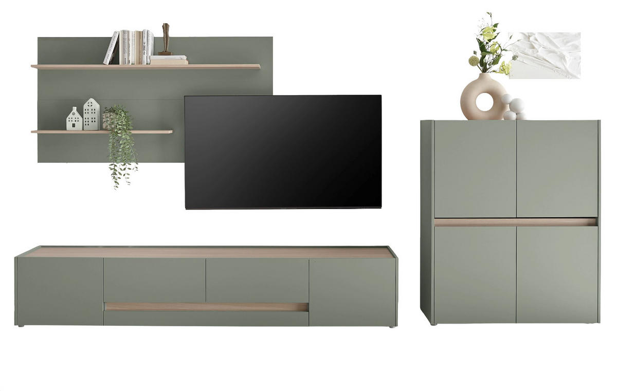 WOHNWAND 3-teilig Salbei grün, Barista Eiche 343 cm, Wohnkombination in modernem Design - Salbeigrün/Eichefarben, Holzwerkstoff/Kunststoff (343/180/45cm) - Furn.Design
