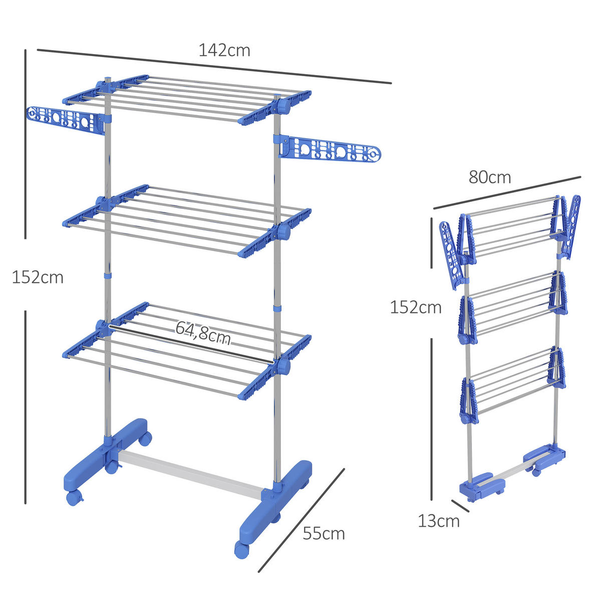 WÄSCHESTÄNDER DE-09792 4 Ebenen klappbar mit 6 Rollen Blau+Silber - Blau, Metall (142/152/55cm) - ComfortXL
