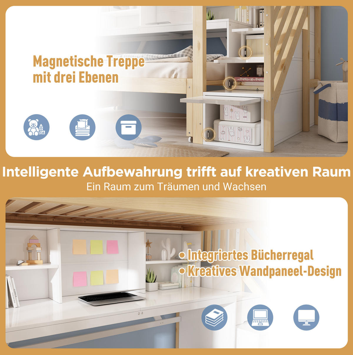 ETAGENBETT 90x200/90x190 cm in Weiß und Eichefarben mit Ausziehbett und Schreibtisch - Eichefarben, Holz (90/200cm) - IVMEU