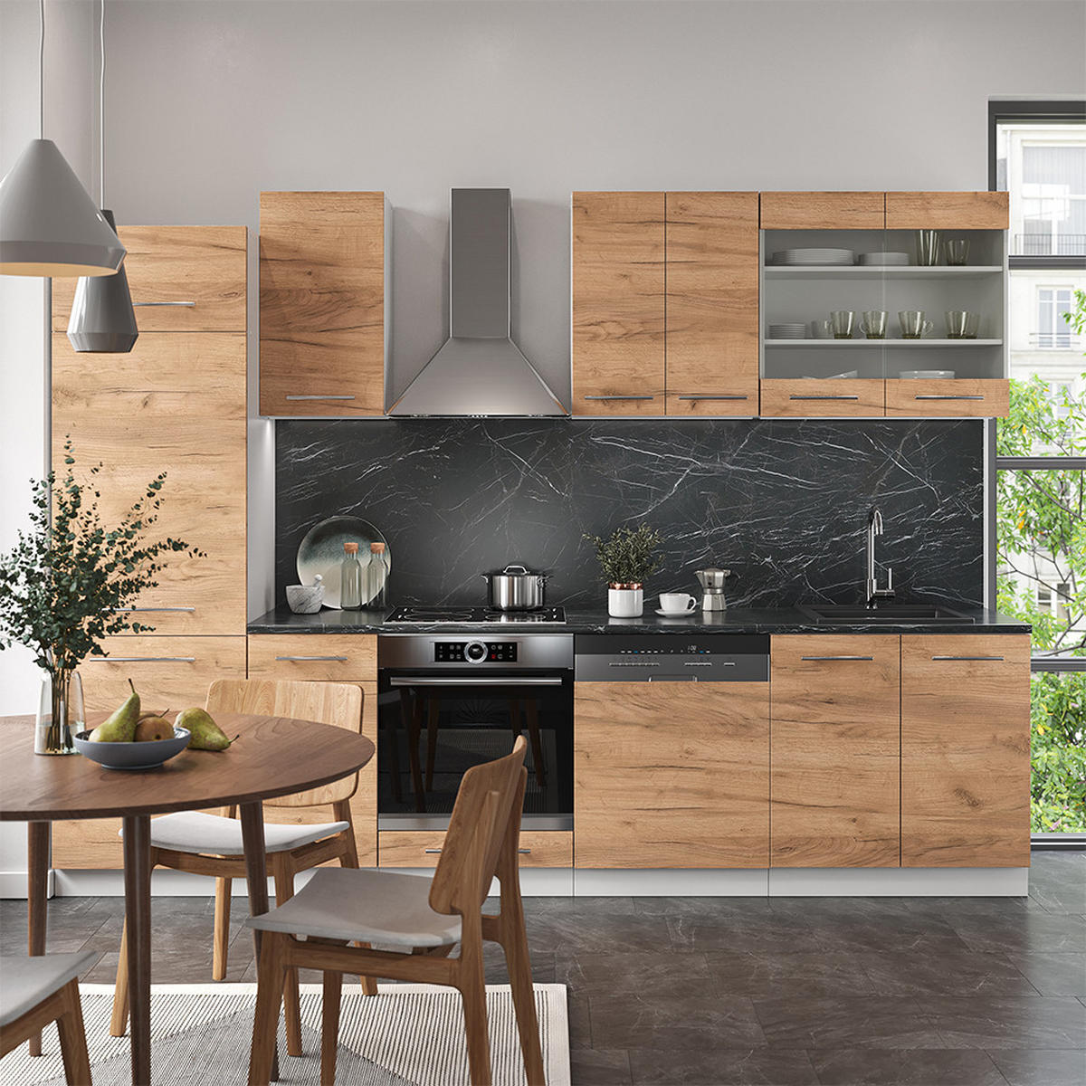 KÜCHENZEILE Fame-Line Goldkraft Eiche/Weiß 300 cm ohne AP - Eiche Wotan/Weiß, Holzwerkstoff (300/81.6/46cm) - Vicco