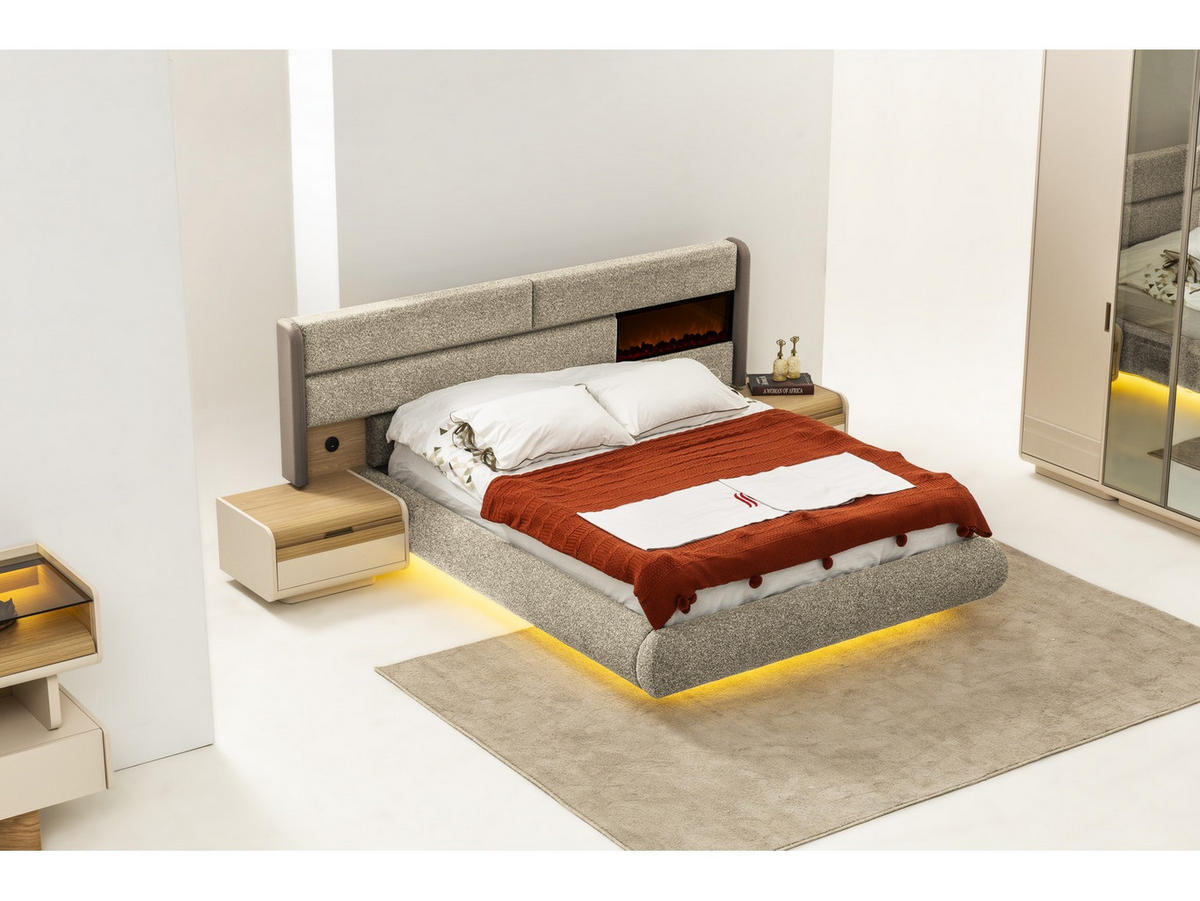 BETTANLAGE Aura Neu Typ-1 Bett mit Kopfteil, 2 Nachttische, Kleiderschrank und Kommode - Beige, Holzwerkstoff (160/200cm)