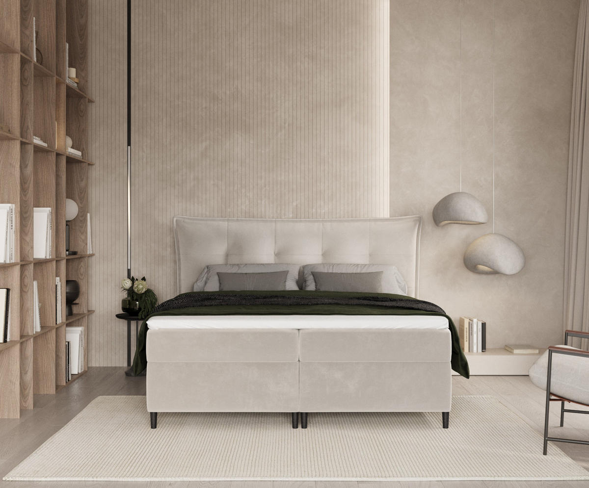 BOXBETT Sinai Beige 160/200 cm mit Taschenmatratze und Topper - Beige/Schwarz, Holz/Holzwerkstoff (160/200cm) - Maison de Reve