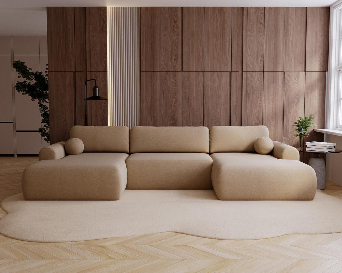 WOHNLANDSCHAFT Aurora Beige, mit Schlaffunktion in Lambi Stoff - Beige, Holzwerkstoff/Textil (344/92/177cm) - Bettso