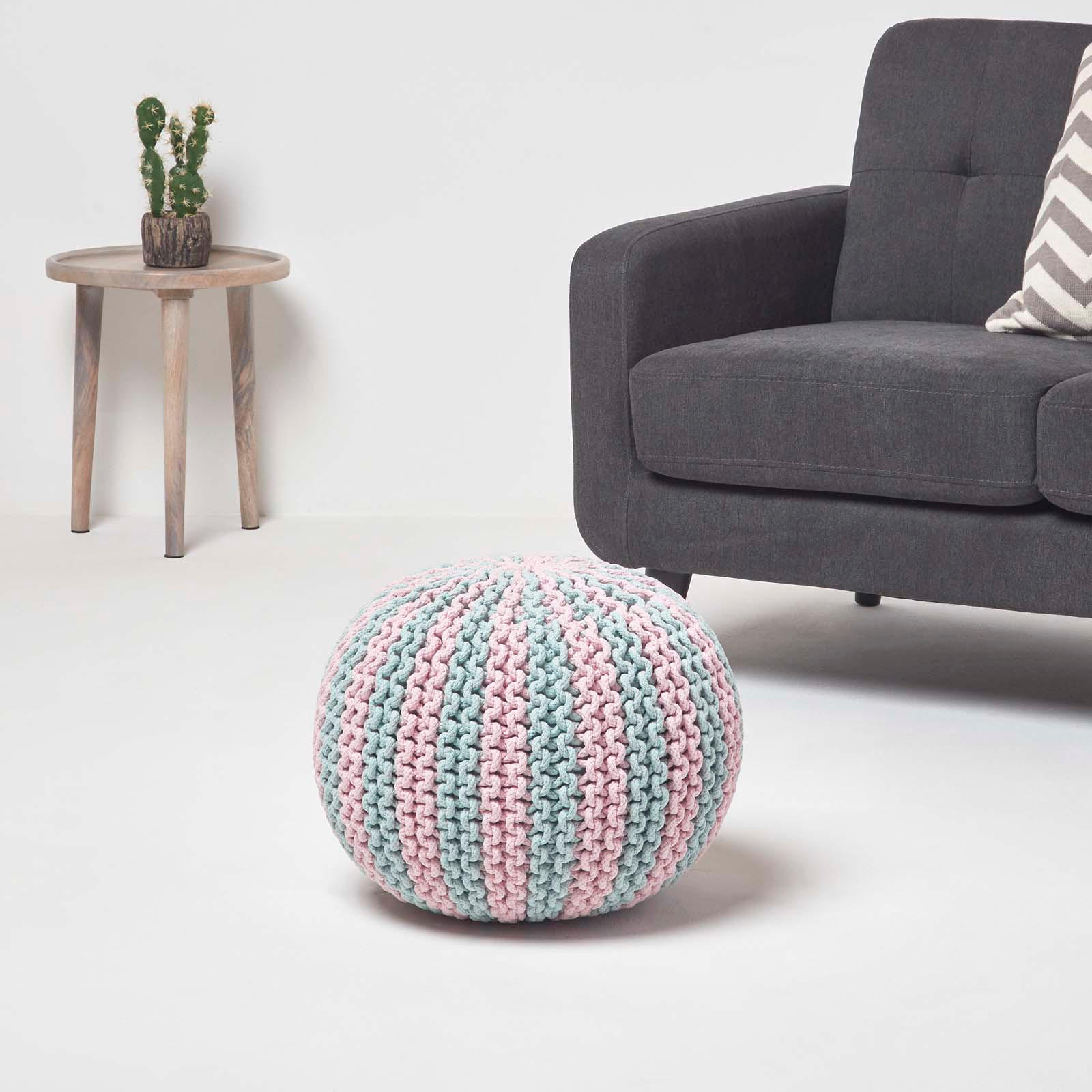 STRICKPOUF rund, blau-rosa gestreift, 50/50/40 cm - Hellblau, Textil (50/40/50cm) - Homescapes