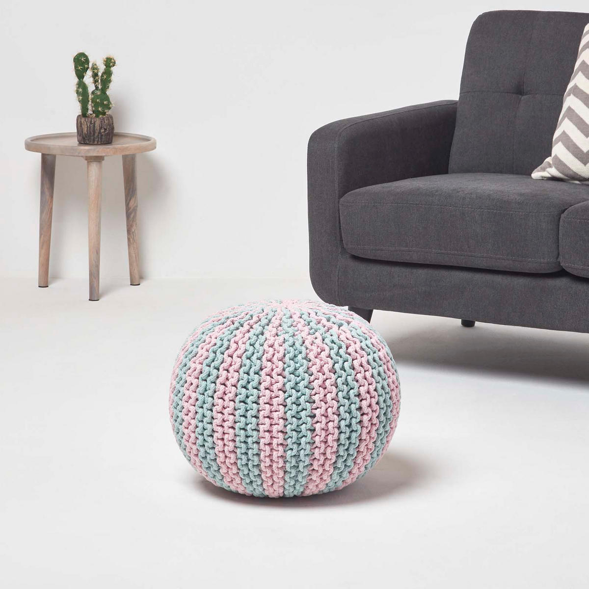 STRICKPOUF rund, blau-rosa gestreift, 50/50/40 cm - Hellblau, Textil (50/40/50cm) - Homescapes