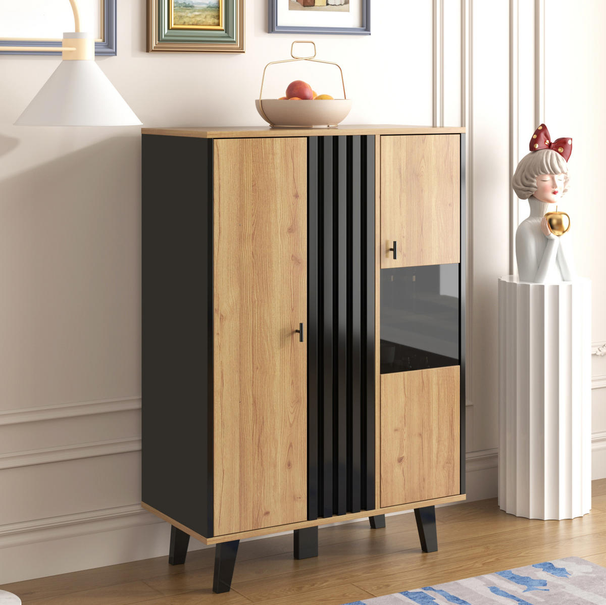 BIFE omara z 2 vrati, LED-osvetlitvijo in steklom, 80/120/40 cm, videz lesa/črna - naravne barve, leseni material (40/120/80cm) - OKMYHOME