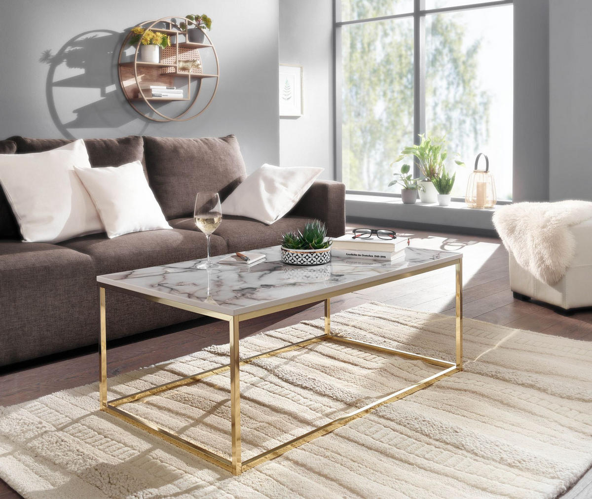 COUCHTISCH mit Marmor-Optik, Metallbeine, rechteckig, Serie MARBRIX, Weiß 100x60x40 cm - Goldfarben/Weiß, Holz/Metall (60/100/40cm) - KADIMA DESIGN