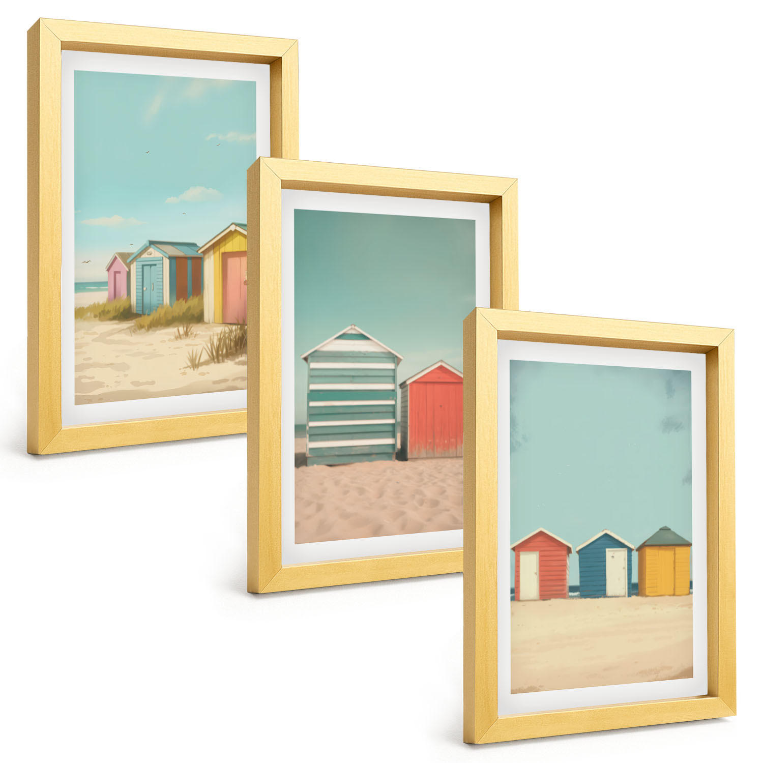 BILDER SET 3er Set - 20x30 cm Goldrahmen - Bunte Häuser, Strand, Sonne - Goldfarben, Kunststoff (20/30cm) - TULUP
