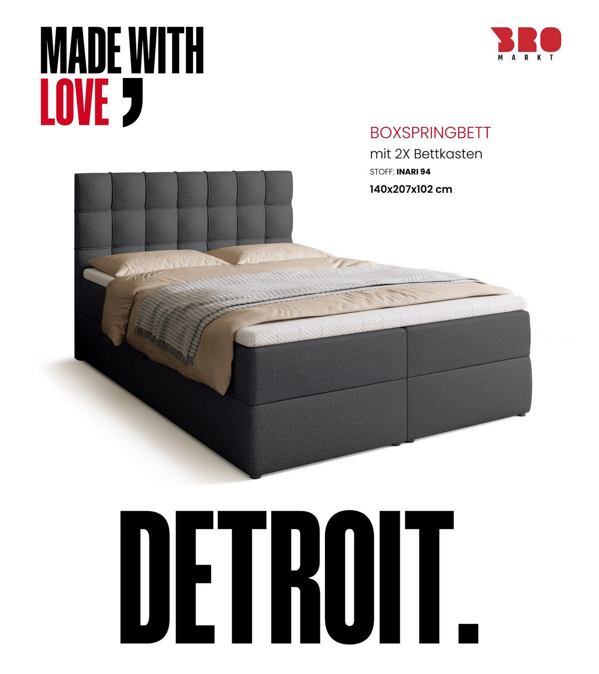 BOXBETT Detroit mit Topper 140/200 Dunkelgrau - Dunkelgrau, Textil (140/200cm) - Bromarkt