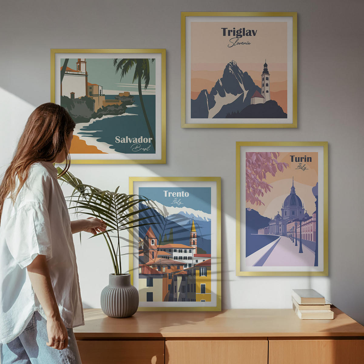 BILDER SET 4er Set - 50x50 cm & 40x60 cm Goldrahmen - Illustrationen zur Retro-Architektur der Berge - Goldfarben, Kunststoff (50/50cm) - TULUP