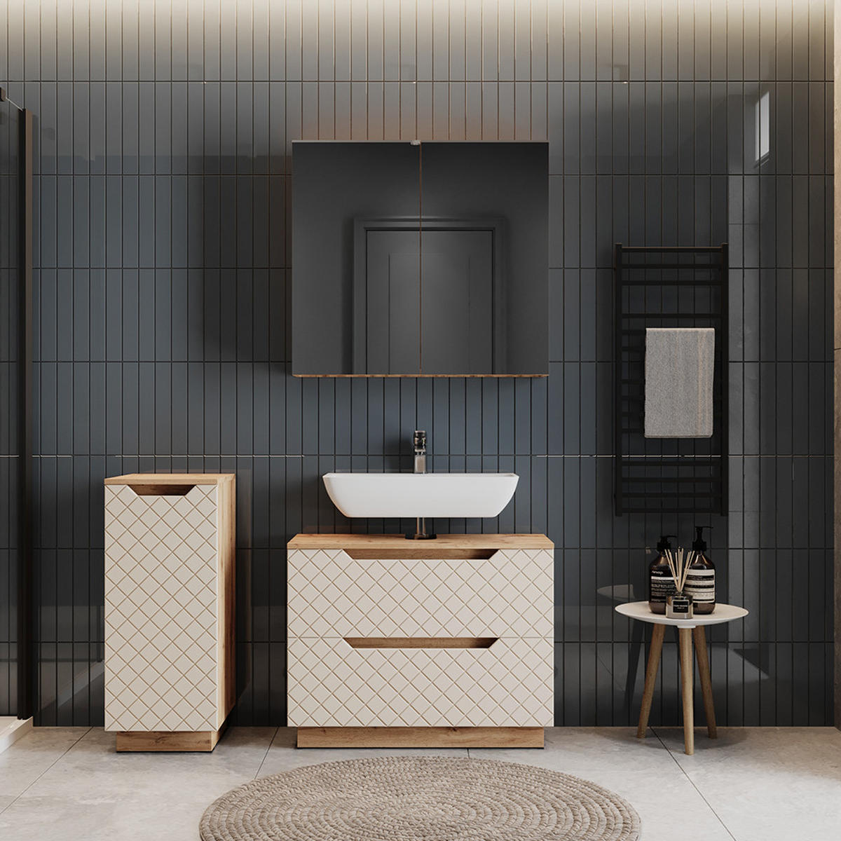 BADMÖBEL-SET Lotta Eiche/Kaschmir mit Kachelstruktur 3 Teile - Kaschmir, Holzwerkstoff (79.6/62.5/32cm) - Vicco