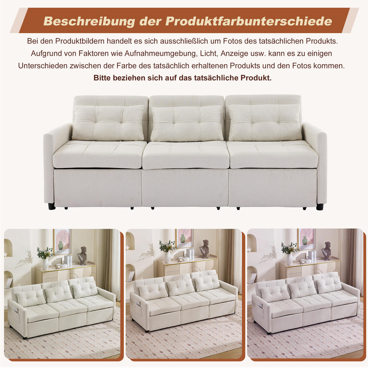 ECKSCHLAFSOFA 3-Sitzer Stoff mit verstellbarer Rückenlehne bis 180 Grad Beige 200/87/84,5 cm - Beige, Textil (87/200cm) - Redom