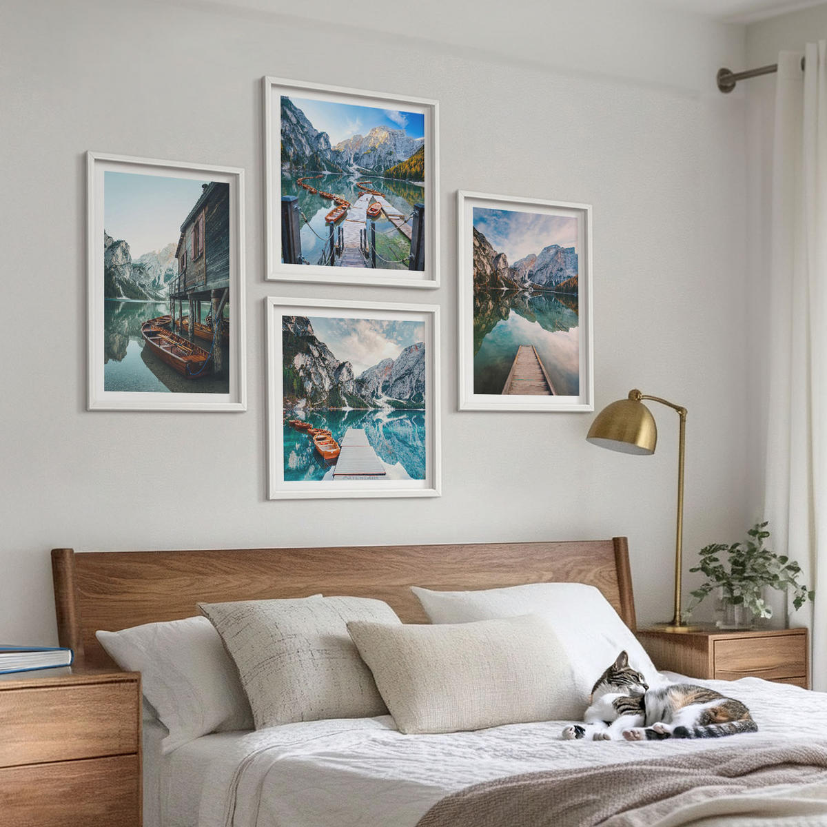 WANDBILDER 4er-Set - 50x50 cm & 40x60 cm Weißer Rahmen - See Berge Holzboote - Weiß, Kunststoff (50/50cm) - ArtPrintCave