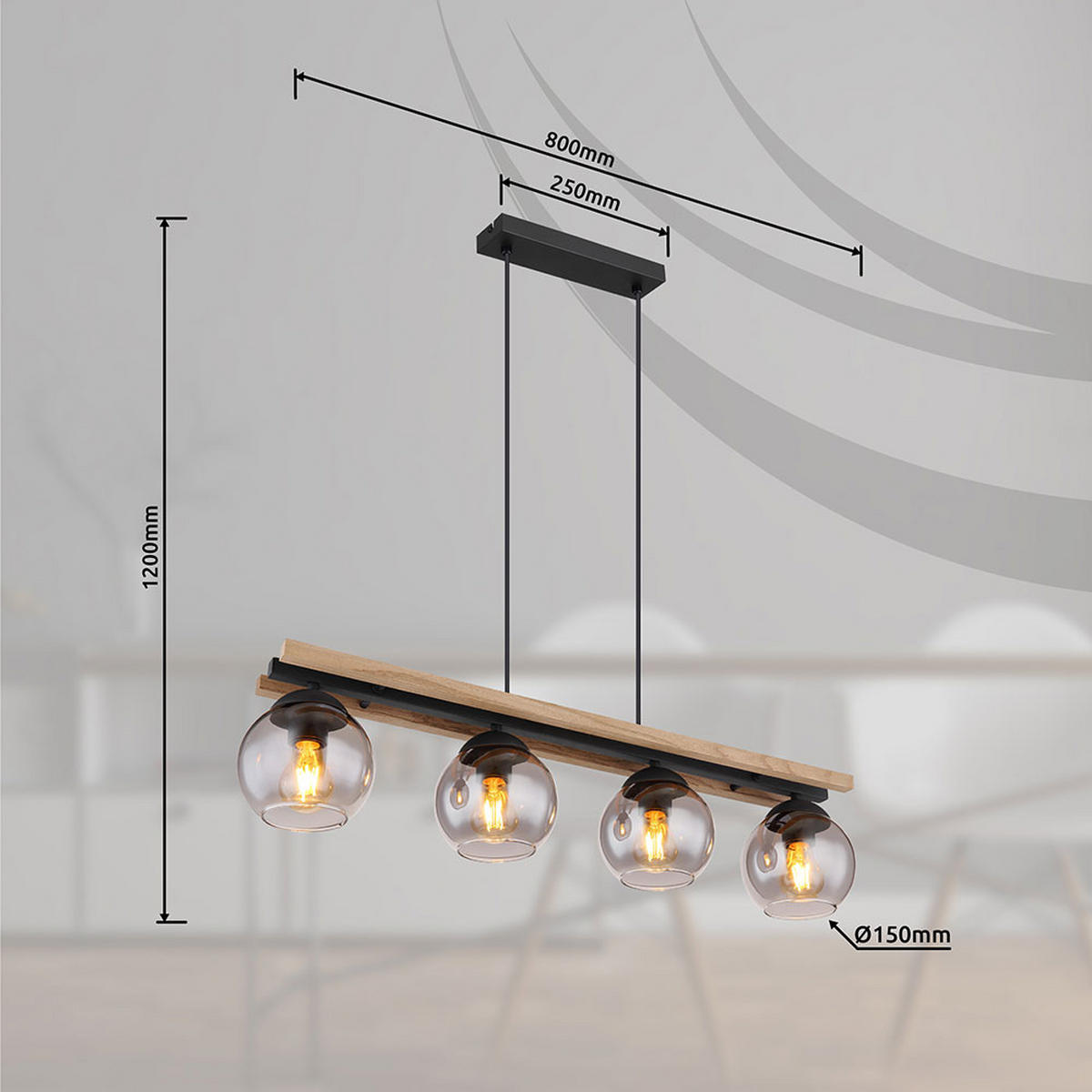 HÄNGELEUCHTE Metall Eichenholz Schwarz 4 Flammig - Schwarz, Holz (85/15/120cm) - Globo Lighting