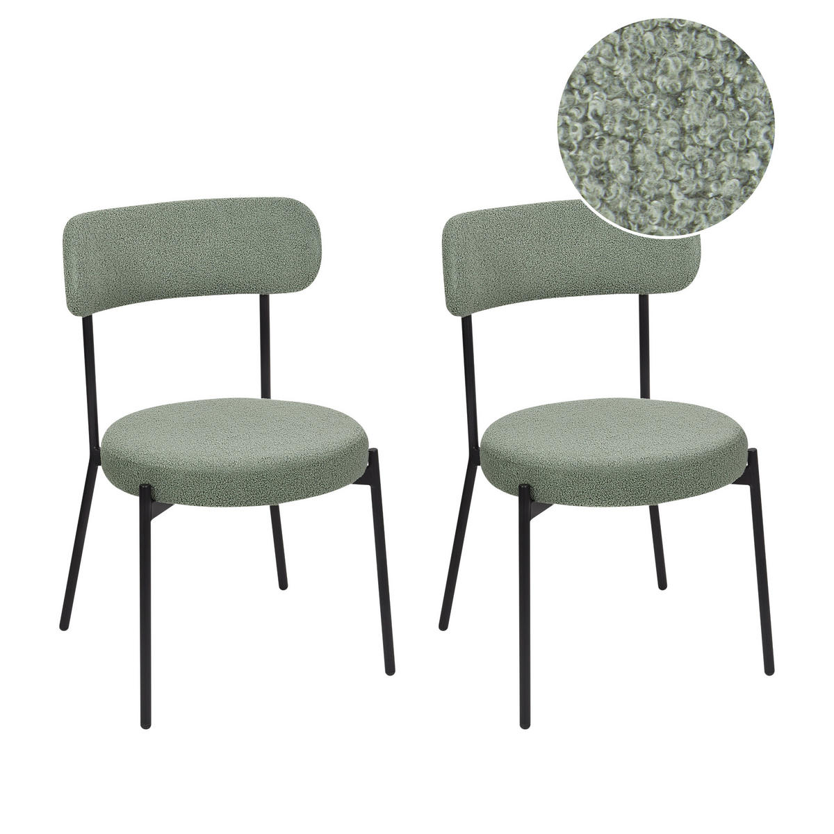 ESSZIMMERSTUHL 2er-Set Bouclé Hellgrün Allison - Schwarz/Grün, Textil (47/77/52cm) - Beliani