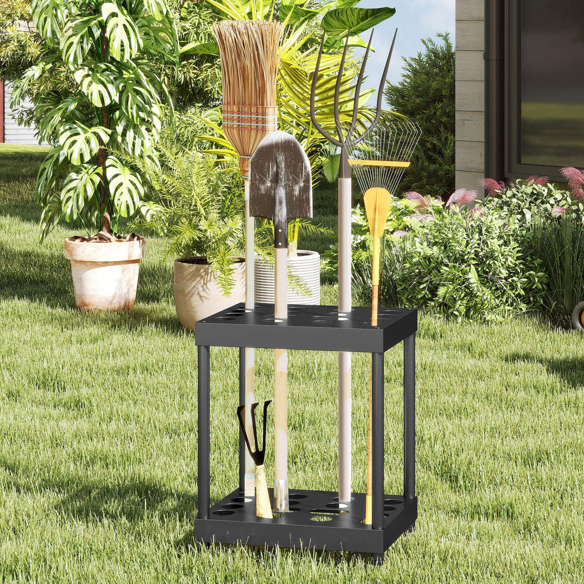 GARTENREGAL DE-13806 2-stöckig für 16 Werkzeuge Schwarz - Schwarz, Metall (33/50/42cm) - ComfortXL