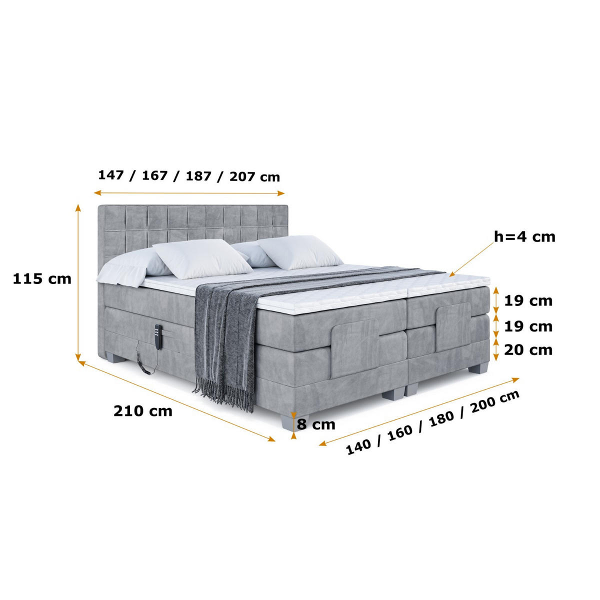 BOXSPRINGBETT elektrisch verstellbar mit 2 Matratzen H4/Taschenfederung OSTO EL 180 x 200 Hellgrau - Hellgrau, Holzwerkstoff (187/200cm) - ALTDECOR