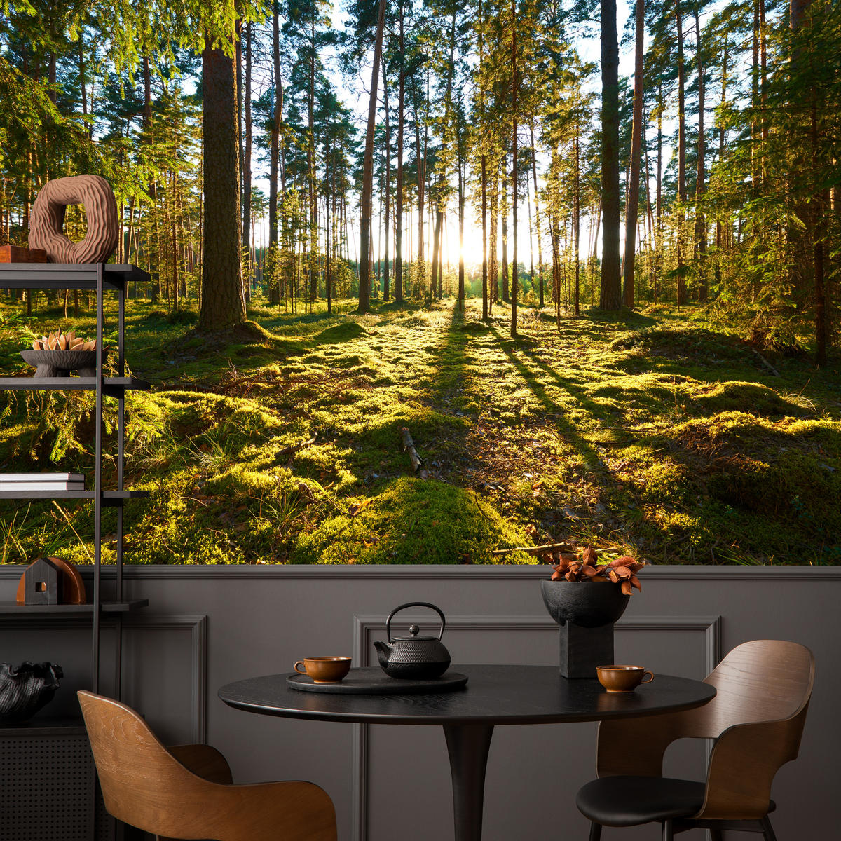 FOTOTAPETE für Küche Sonnenaufgang WALD Moss Bäume Sonnenstrahl 500x350 - Gelb/Braun, Papier (500/350cm) - Muralo