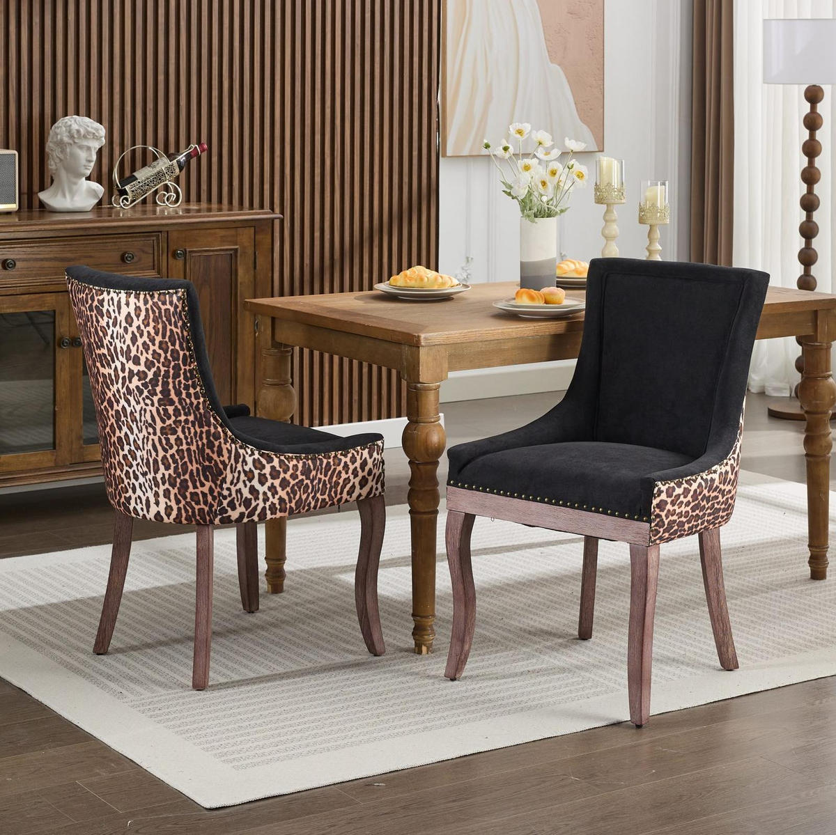 ESSZIMMERSTUHL 2er-Set mit hoher Rückenlehne Chenille Leopard - Schwarz, Holz (55/92.5/61cm) - Meubliv