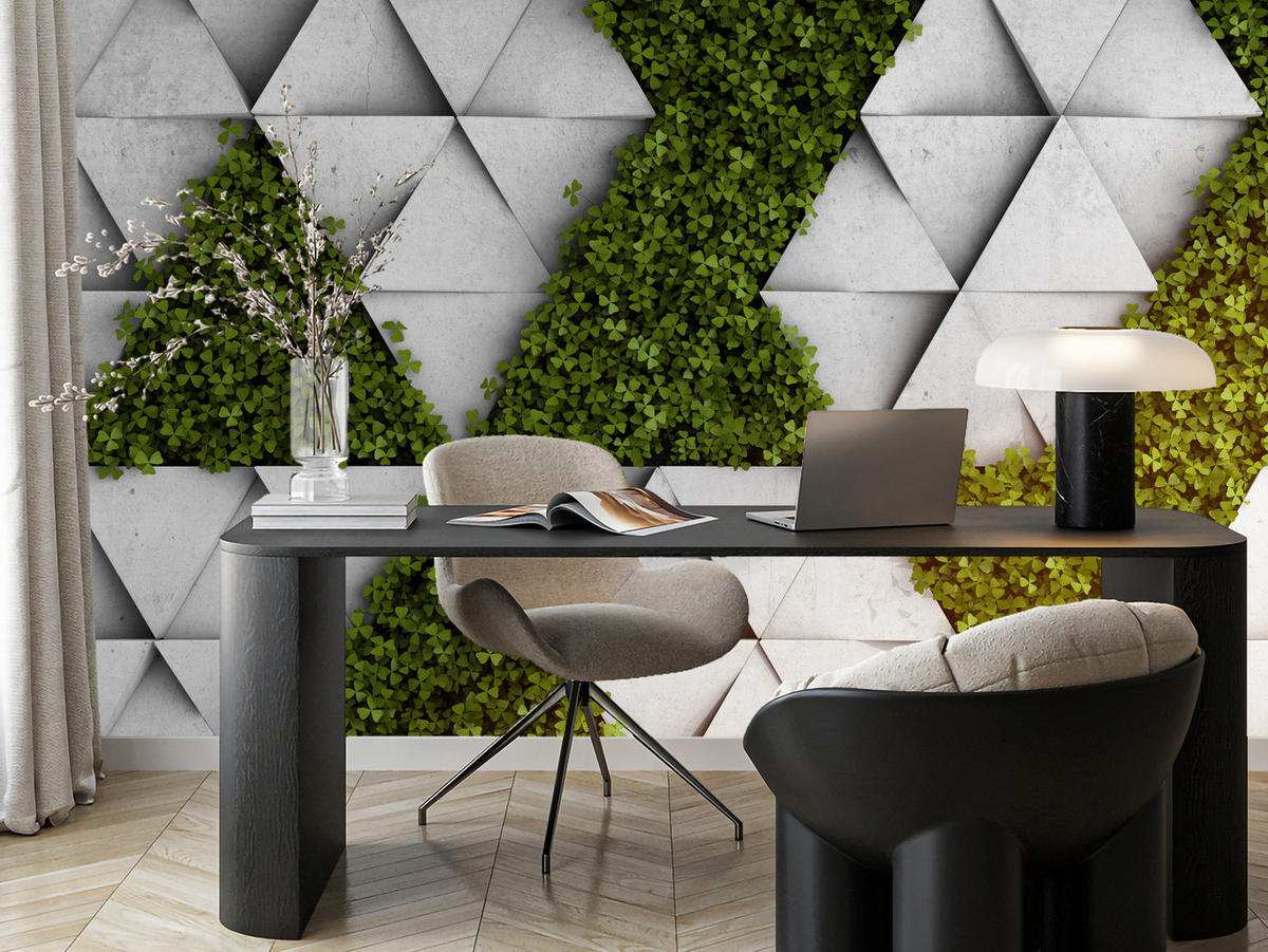 FOTOTAPETE für Wohnzimmer Klee Beton Dreiecke Abstraktion Modern 450x315 - Grau/Grün, Papier (450/315cm) - Muralo