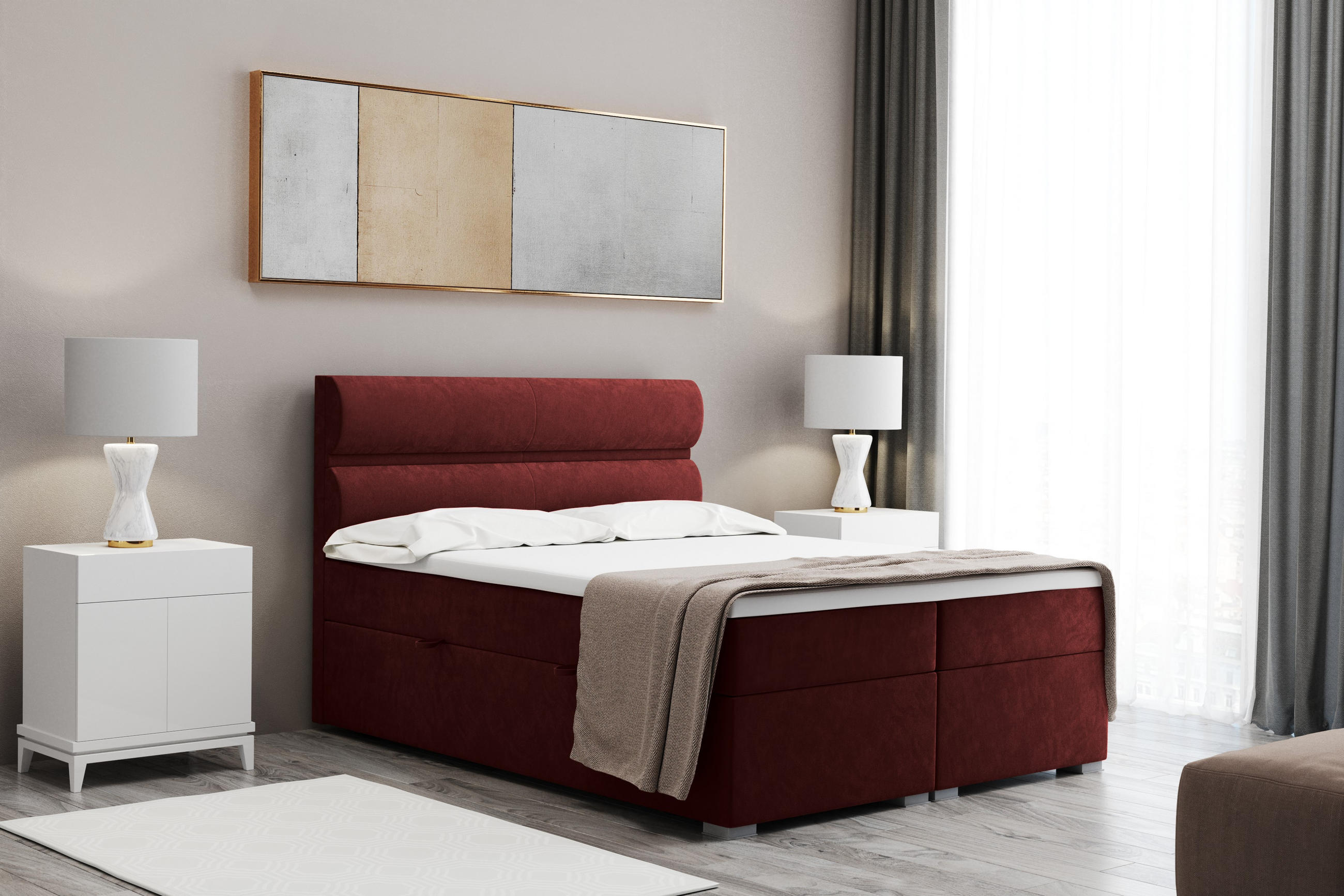 BOXBETT Mit Bettkasten, Matratze Und Topper VERA Stoff Riviera 180x200 cm Rotwein H3-Bonell - Rot, Holz/Textil (180/200cm) - Kaiser Möbel