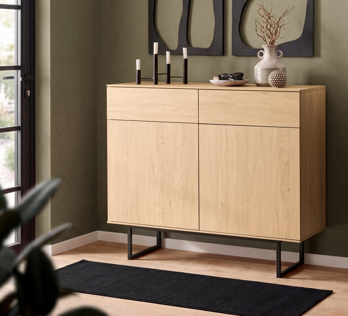 FLURKOMMODE Stone Eiche 115 x 98 cm, Schuhschrank mit Push-to-Open - Eichefarben/Schwarz, Holzwerkstoff/Metall (115/98/40cm) - Furn.Design