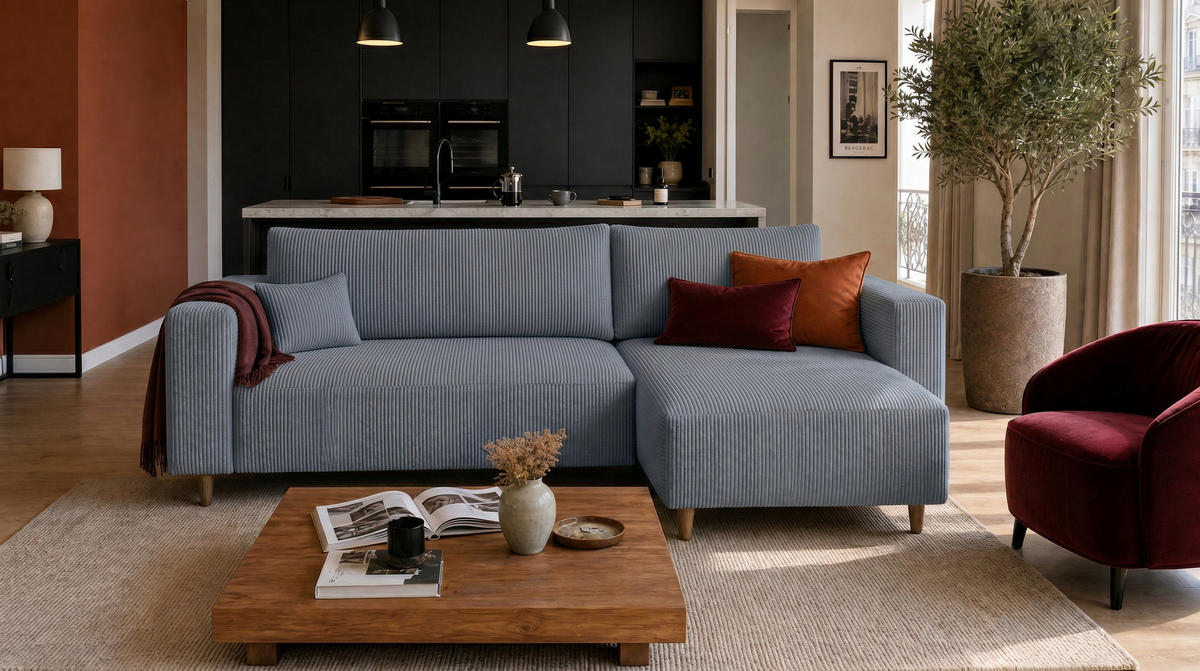 ECKSOFA RIO mit Schlaffunktion und Bettkasten, Farbe: Blau, Cordstoff, Ottomane Universal - Blau, Textil (249/142cm) - Marpur
