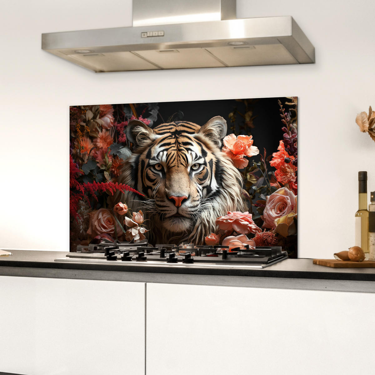 SPRITZSCHUTZ KÜCHE Tiger - Tier - Natur - Floral - Botanisch 70x50 cm - Orange, Metall (70/0.3/50cm) - MuchoWow