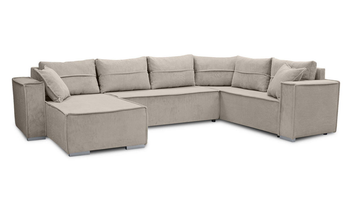 WOHNLANDSCHAFT Lovere U Beige 314/217/90 cm – Womit Schlaffunktion und Bettkasten - Beige/Silberfarben, Textil/Metall (314/90/217cm) - AX Living