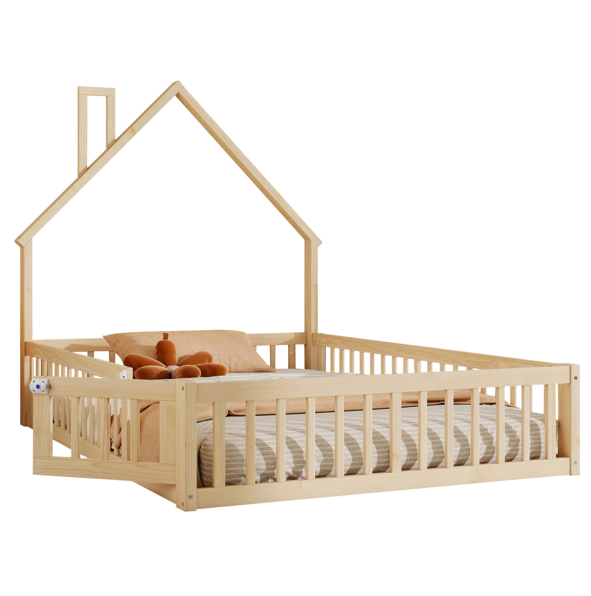KINDERBETT 140/190 cm mit Lattenrost, Sicherheitsgitter und Schornsteinform, Natur - Naturfarben, Holz (140/190cm) - Redom