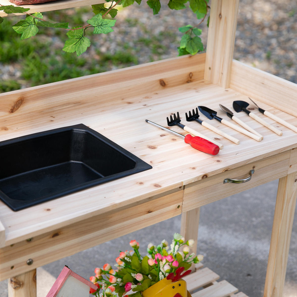 PFLANZTISCH mit Schublade, Gärtnertisch mit Waschbecken und Rollen, Tannenholz, Natur - Fichtefarben, Holz (92/45/119cm) - Outsunny