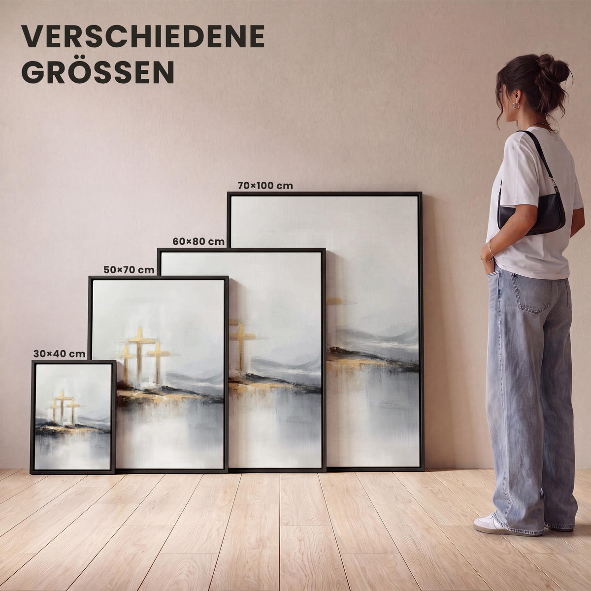 LEINWAND Bilder mit Rahmen - Abstrakt - Malerei - Christentum - Kreuz - 30x40 - Weiß, Textil (30/40cm) - MuchoWow