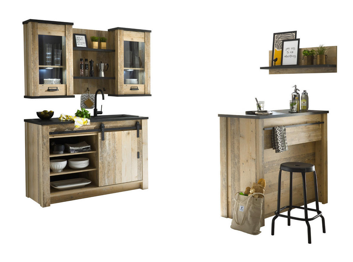 KÜCHEN-SET Used Wood hell, anthrazit, Küchenschrank Set 6-teilig mit Theke - Anthrazit/Schwarz, Glas/Holzwerkstoff (133/201/64cm) - Furn.Design