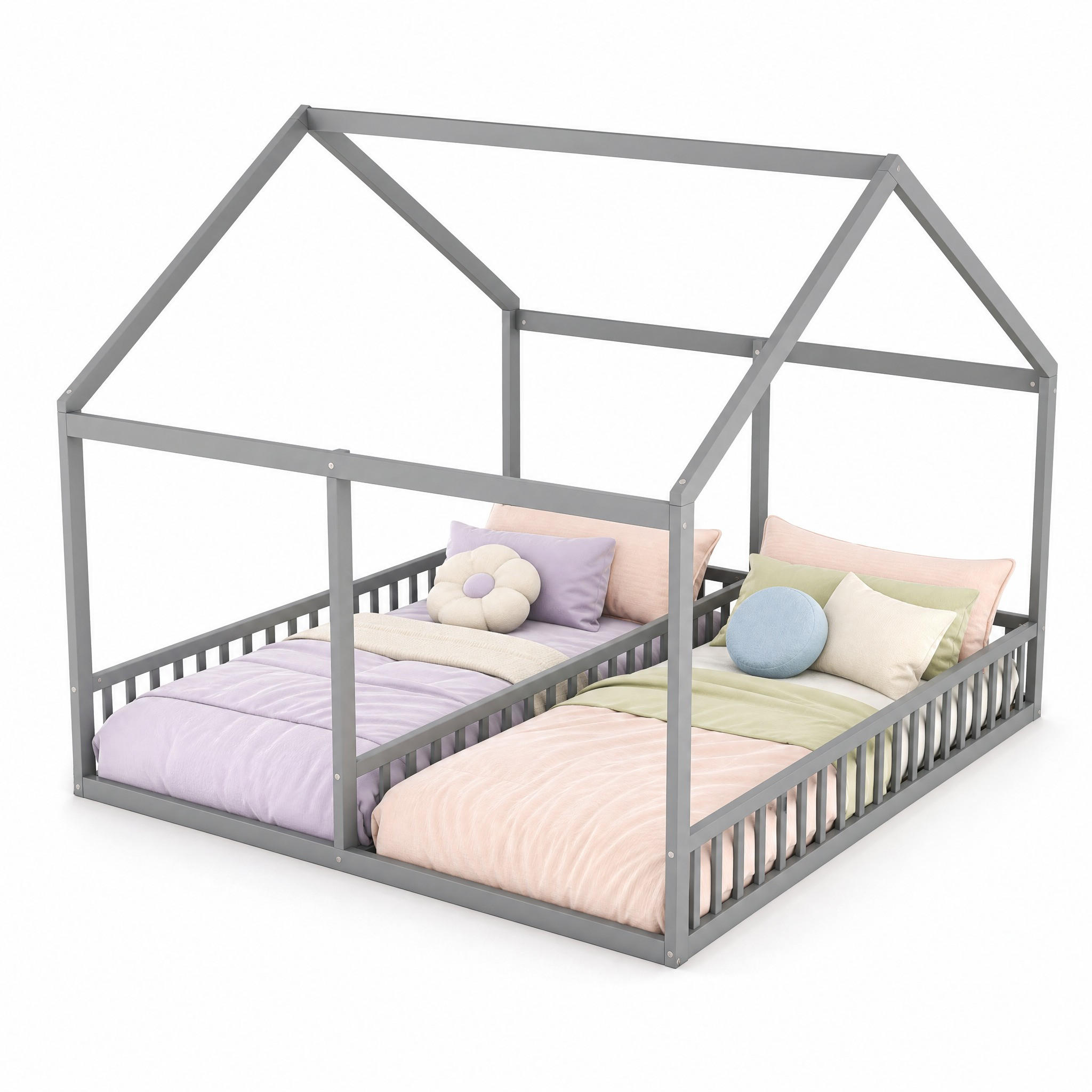 HAUSBETT 90/200 mit Hausdesign und Sicherheitsgeländer in Grau - Grau, Holzwerkstoff (90/200cm) - EVRYAE