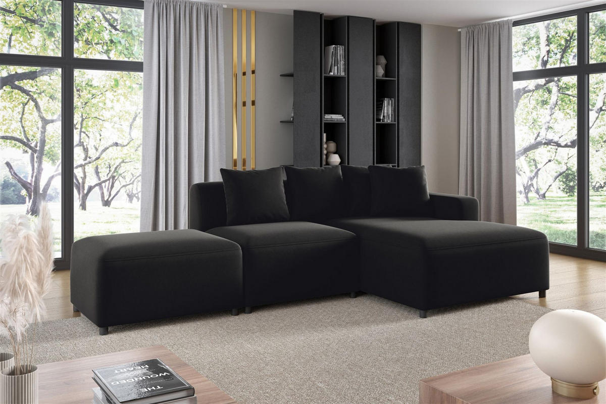 ECKSOFA Megan Xs In Stoff Salvador - Schwarz, Holzwerkstoff/Textil (304/165cm) - Fun Möbel