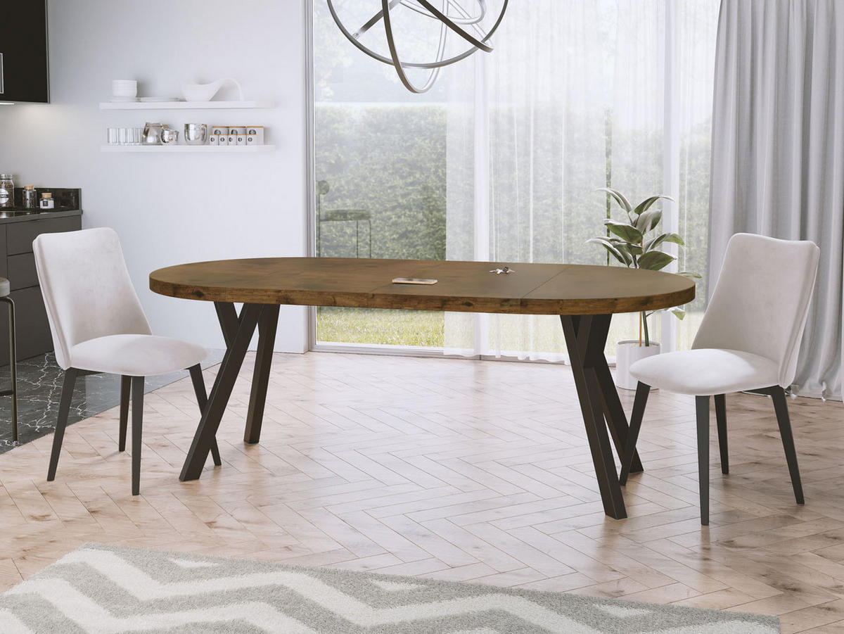 ESSTISCH Twixy runder ausziehbarer, Lefkas Eiche 90-170/90/76 cm - Alteiche/Schwarz, Holz/Holzwerkstoff (90/90/76cm) - WFL GROUP