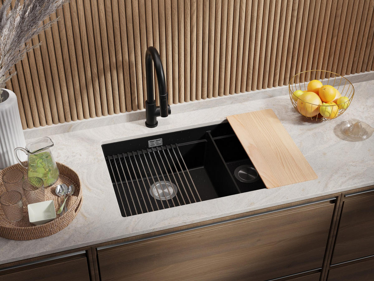 SPÜLBECKEN Praga Slim Duo, 2-er set Schwarz Metallic 76/47 cm 2 Becken + Ablauf-Set + Aufrollbare Abtropffläche ab 80er Unterschrank - Chromfarben/Schwarz Hochglanz, Kunststoff (76/20/47cm) - Primagran