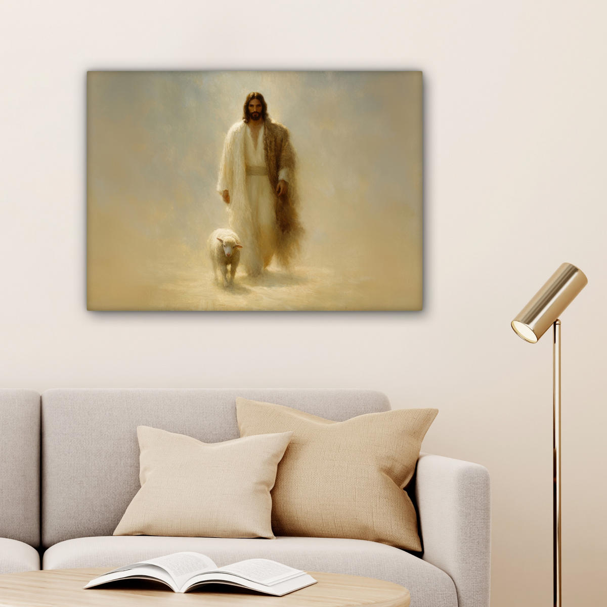 LEINWANDBILD Schaf - Jesus - Pinselstriche - Abstrakt Wandbilder 80x60 cm - Sandfarben, Textil (80/60cm) - MuchoWow