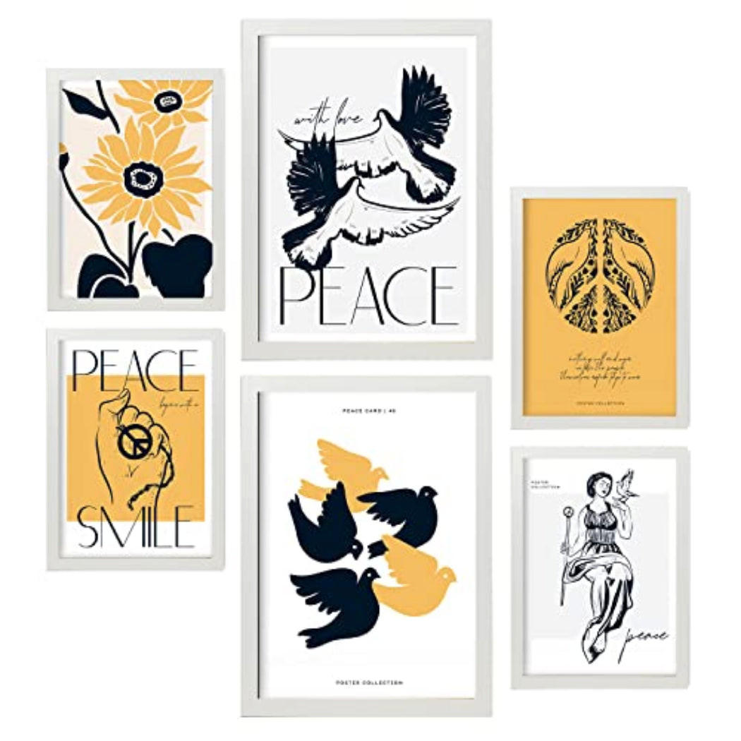 POSTER Set Mit 6 In Schwarzer Tinte Friedenstauben Kunstdrucke Von Meer Und Ozean Für Innenarchitektur A3 & A4 Weißer Rahmen - Weiß, Papier (29/3cm) - Nacnic