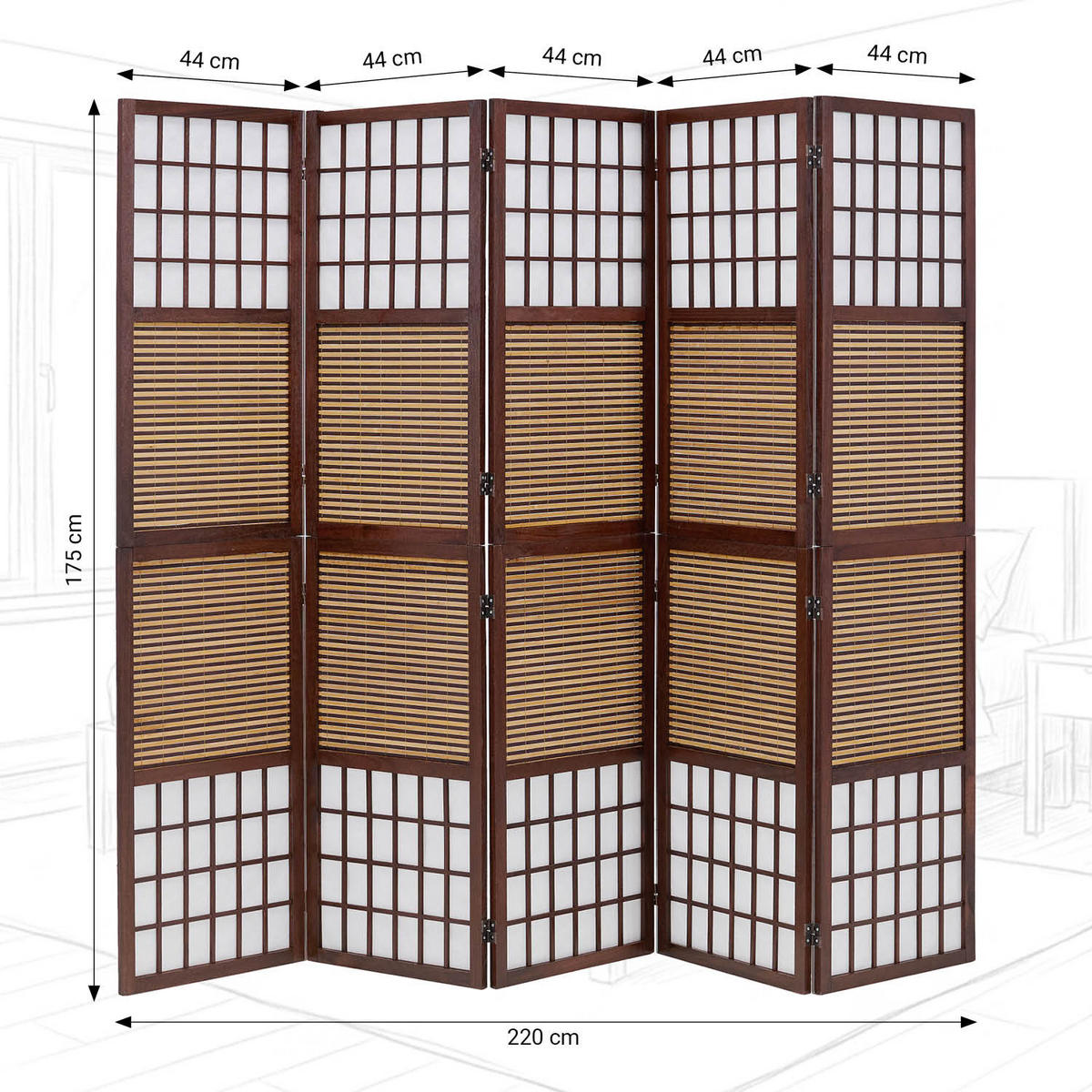 PARAVENT 5-tlg. 220/175 cm Braun Bambuslamellen - Braun, Holz (220/175/2cm) - Homestyle4u