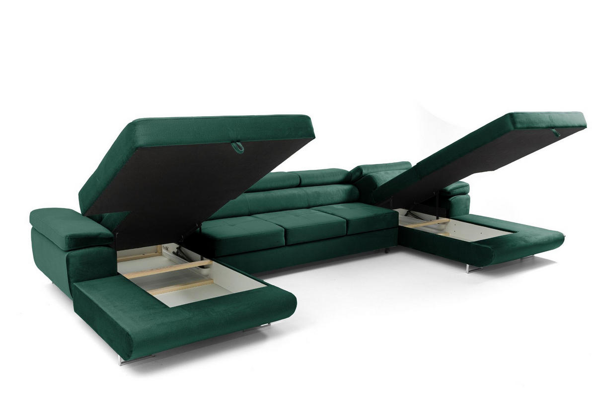 ECKSOFA U-Form ALONZO MAXI U mit Schlaffunktion 125x318 Velours Grün - Silberfarben/Grün, Holz/Textil (400/90/203cm) - Muffo