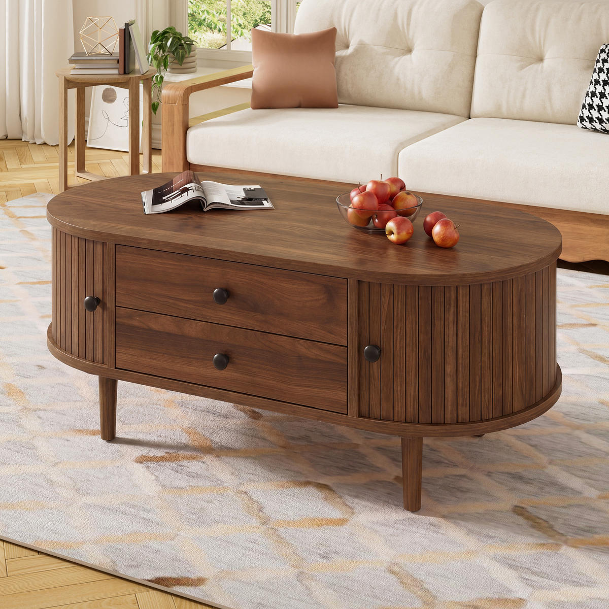 COUCHTISCH in Holzoptik Ovaler Wohnzimmertisch mit Schiebetüren und 2 Schubladen, 100 B / 50 T / 40 H(cm) - Dunkelbraun, Holzwerkstoff (50/100/40cm) - STILVORA