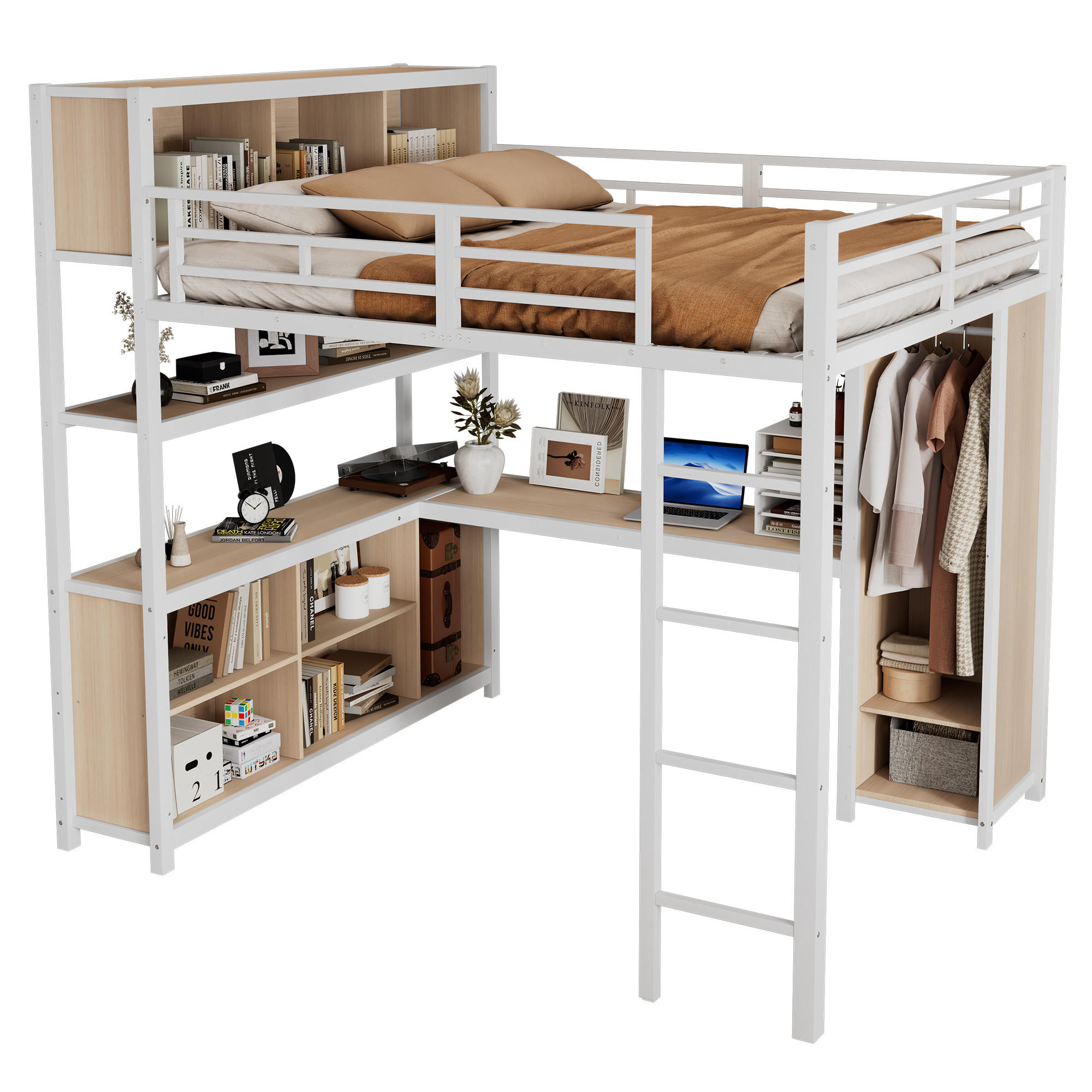 HOCHBETT 140/200 cm in Weiß & Natur mit Kleiderschrank, Stauraum und Schreibtisch - Weiß, Holzwerkstoff/Metall (140/200cm) - CHICFURN