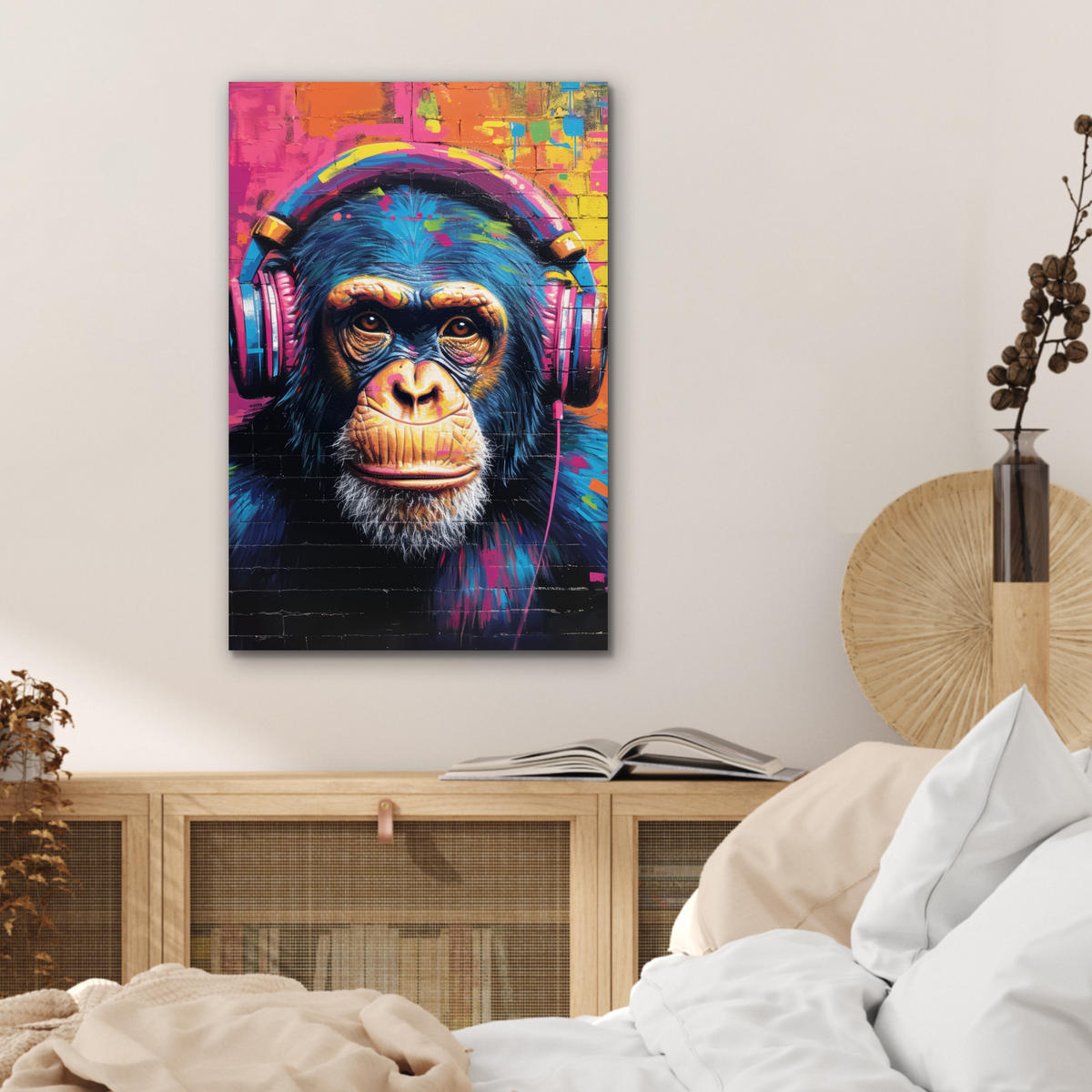 METALLBILD Graffiti - Schimpanse - Straßenkunst - Kopfhörer - Affe 40x60 cm - Blau, Metall (40/60cm) - MuchoWow
